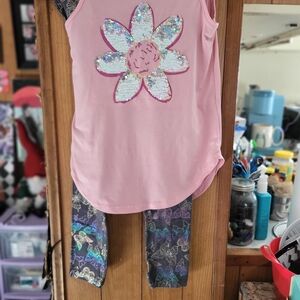 Kids Pink Flower Sequin Tank & Butterfly Legging Matching Set
